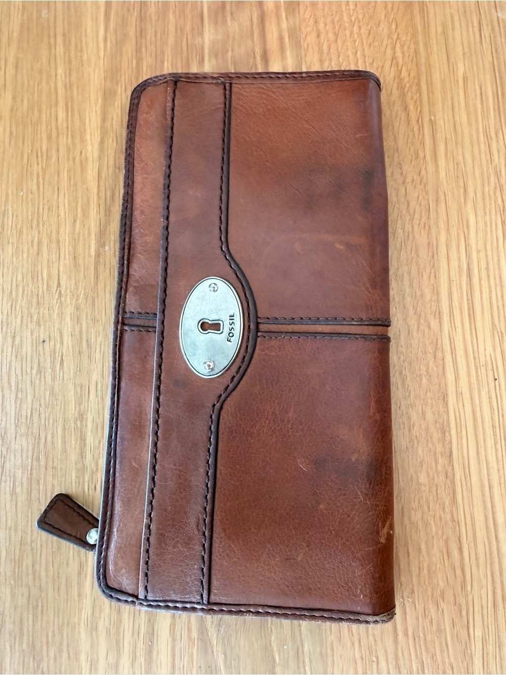 Fossil Brown Leather Zip Wallet with Silver Lock Plate Accent